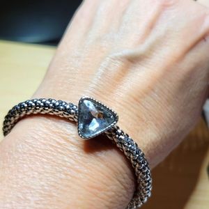 Silver Tone Stretch Bracelet With Triangle Icy Rhinestone Slide Bead Metal Mesh